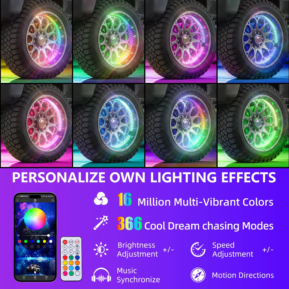 LOYO Adjustable IP67 Universal Fitment Wheel Rim Lights Quad Row RGB Chasing Color RGB Dream Color Wheel Ring Light Kit