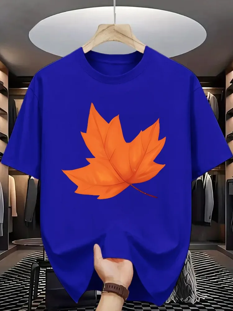 Men Summer Casual Short Sleeve T Shirt Bright Orange Maple Leaf Nature Graphic Oversized Loose Tees Street Daily Fashion Tops