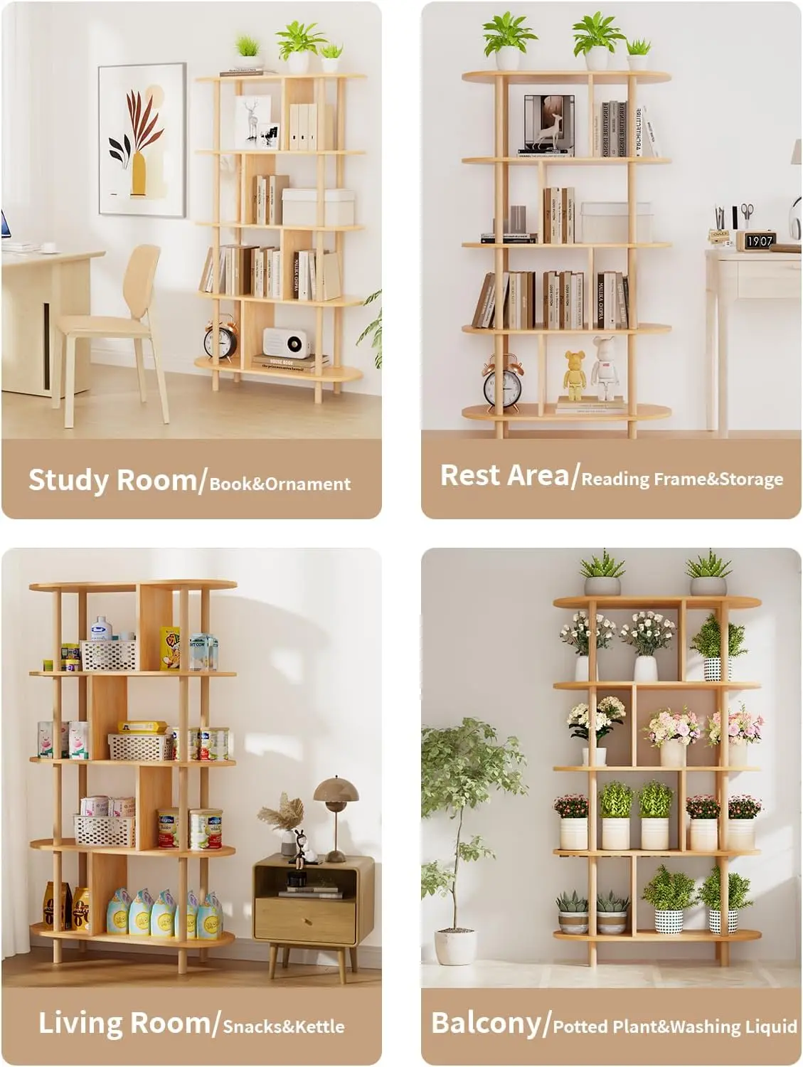 en Shelf Bookcase, Modern Open Bookshelf, Freestanding Storage Organizer Shelves, Multifunctional Display Stand, and Solid Wood