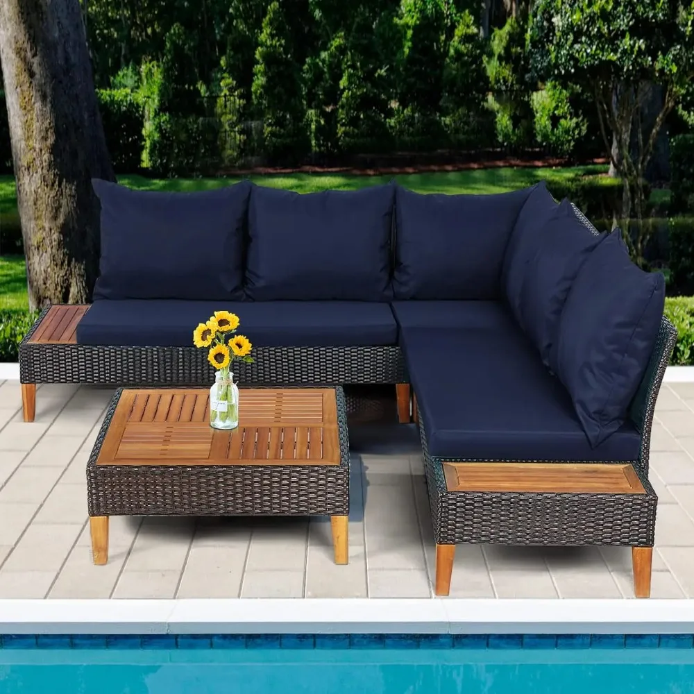 4 Pieces Acacia Wood Patio Furniture Set, Patiojoy L Shaped Wicker Corner Sectional Sofa Set with Thick Cushions, Coffee Table