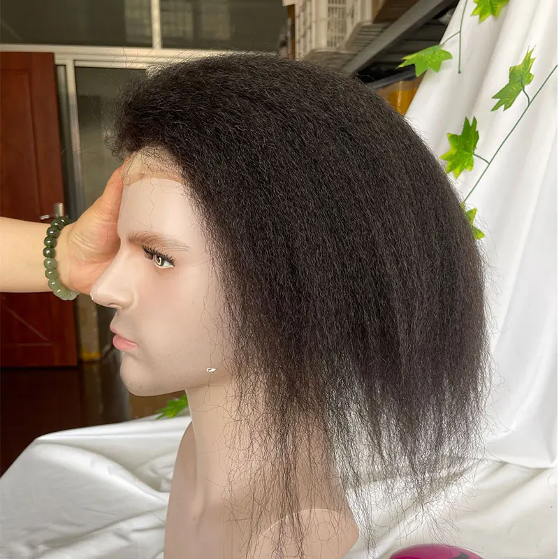 Rambut manusia panjang 12 "keriting lurus pengganti untuk Pria saham Toupee Mono renda dan PU sekitar dengan Swiss renda depan pria Wigs10" x8"