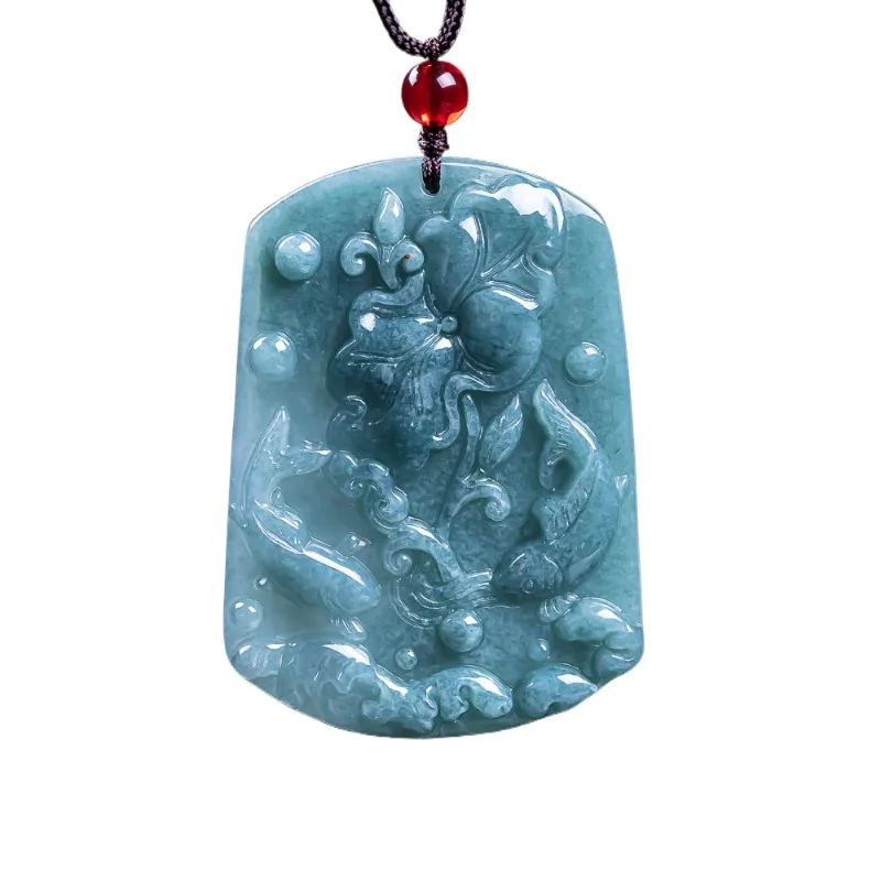 

Burmese Emerald A Jade Blue Water Lotus Carp Pendant Jadeite Amulets Fashion Charm Natural Jewelry Gifts for Men Women
