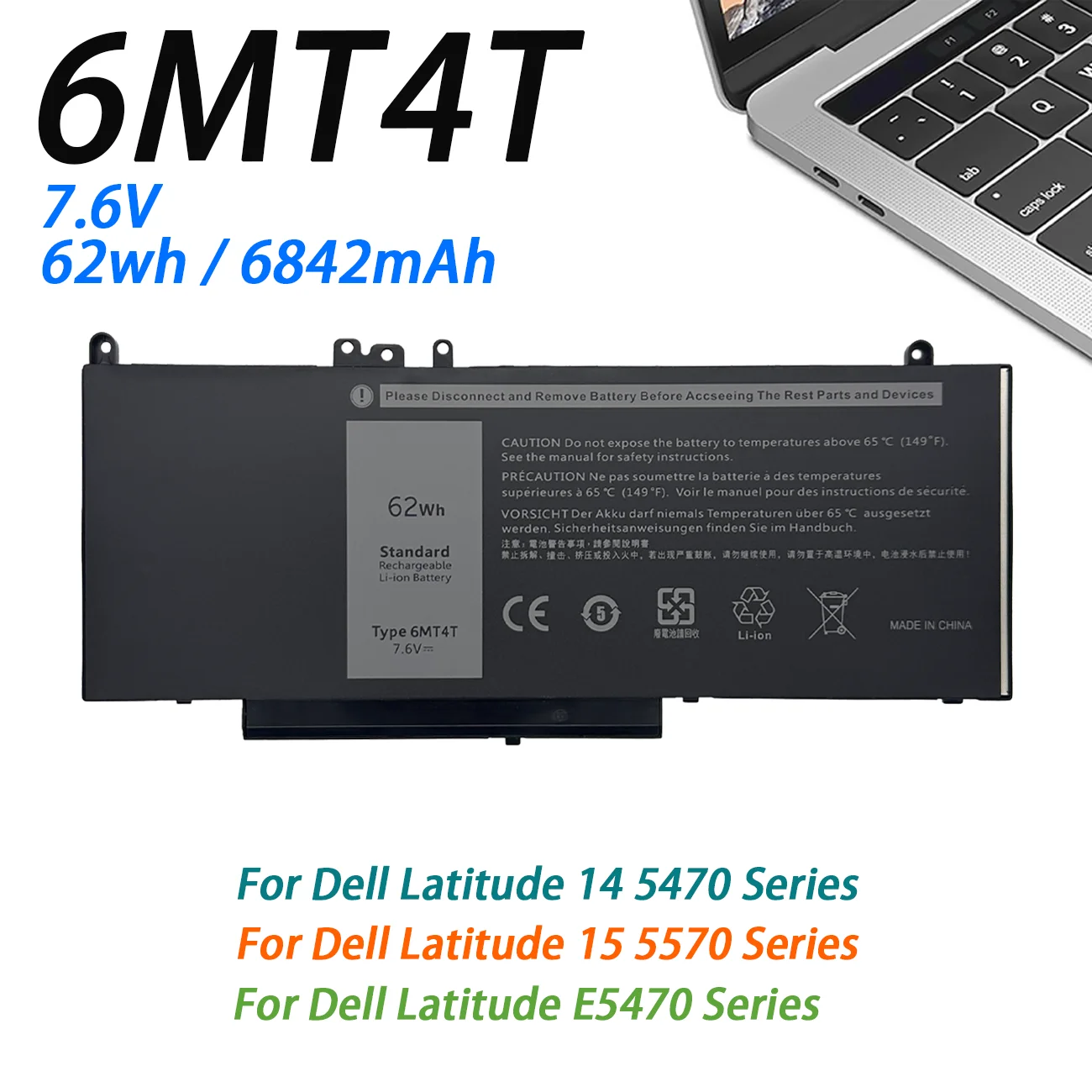 Batería para Portátil 6MT4T 62Wh para Dell Latitude E5470 E5570 Precision 3510 0HK6DV 079VRK TXF9M 0TXF9M JGTM 7000mAh