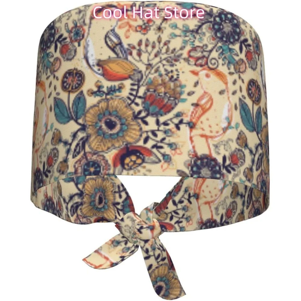 Floral With Birds and Fantasy Flowers Breathable Scrub Hat for Nurses & Doctors Adjustable Working Cap with Moisture-Wicking