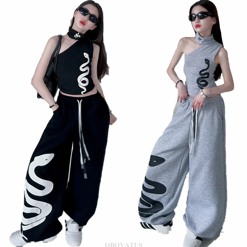 New Fashion Child Hiphop One Shoulder T-shirt Pants Clothing Set For Girl Korean y2k Streetwear Kids Hip-hop Snake Clothes Suit