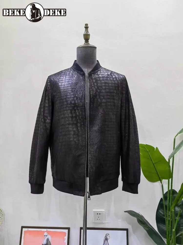 

Mens Business Casual Genuine Leather Short Coat Spring Autumn Zip Fashion Crocodile Pattern Sheepskin Bomber Jacket Large Size