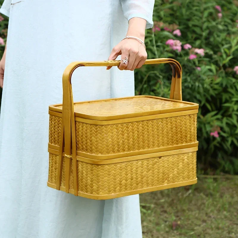 Handmade bamboo retro basket tea set storage box portable travel suitcase Chinese food box hotel picnic bamboo basket Hot sales