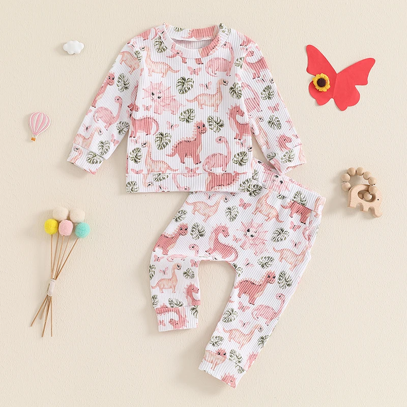 Cathery Toddler Girls Fall Outfits Sets Dinosaur/Butterfly/Chicken Print Long Sleeve Tops and Pants Set Baby 2 Piece Clothes