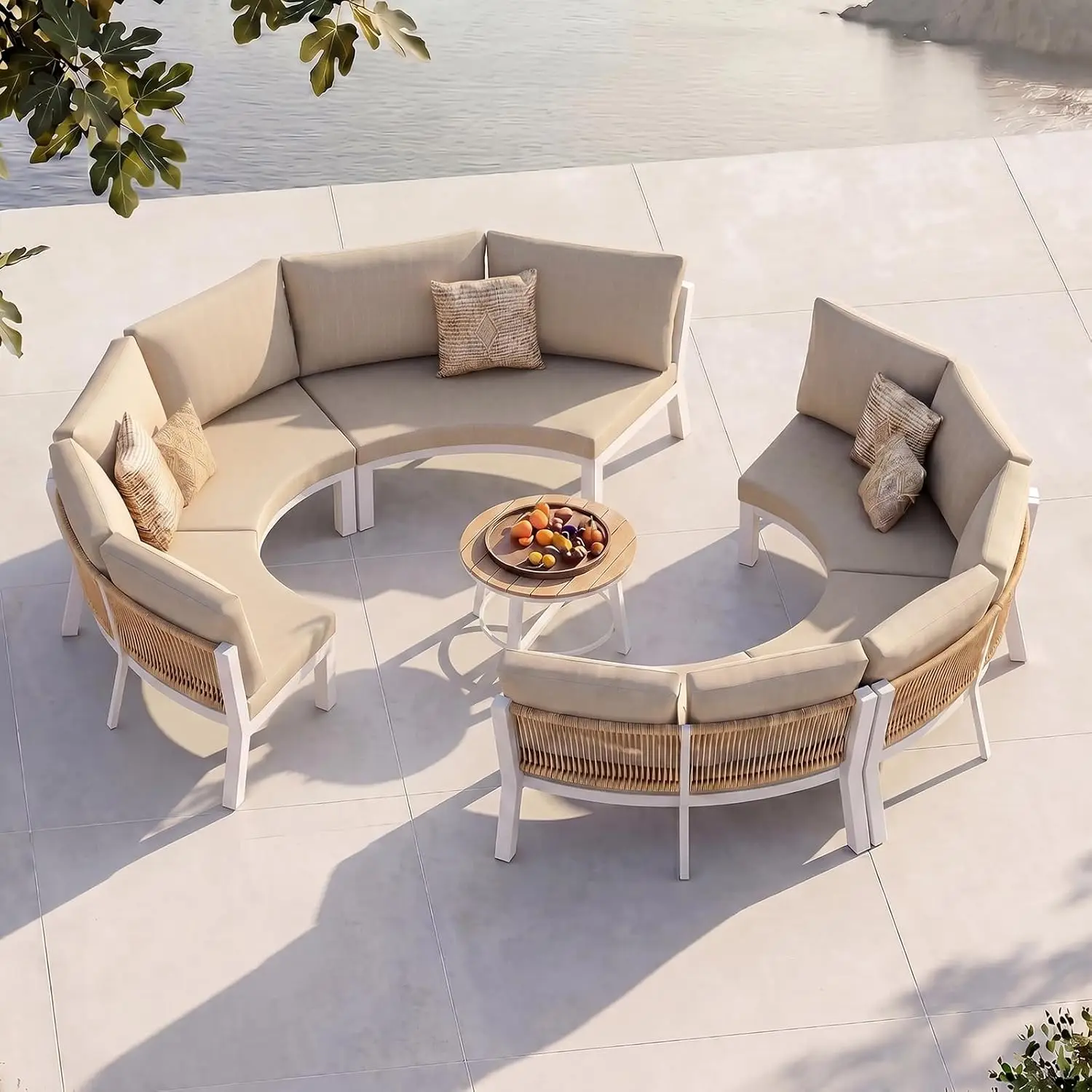 Luxury Patio Furniture Set for 10 People, 7-Piece Curved Patio Conversation Sets with Woven Rope & Modular Coffee Table