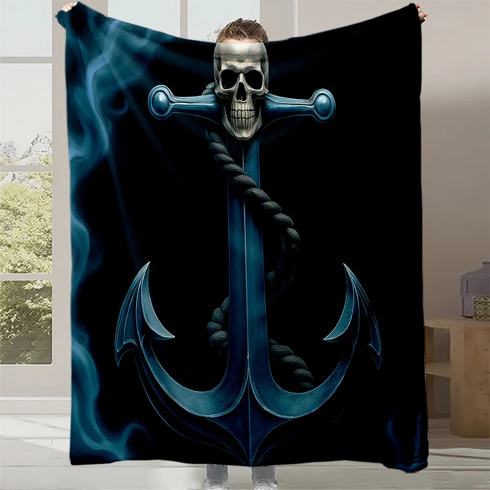 1pc Nautical Pirate Skull & Anchor Print Plush Fleece Blanket - Black & Blue Gothic Bedspread with Golden/White Skull Design