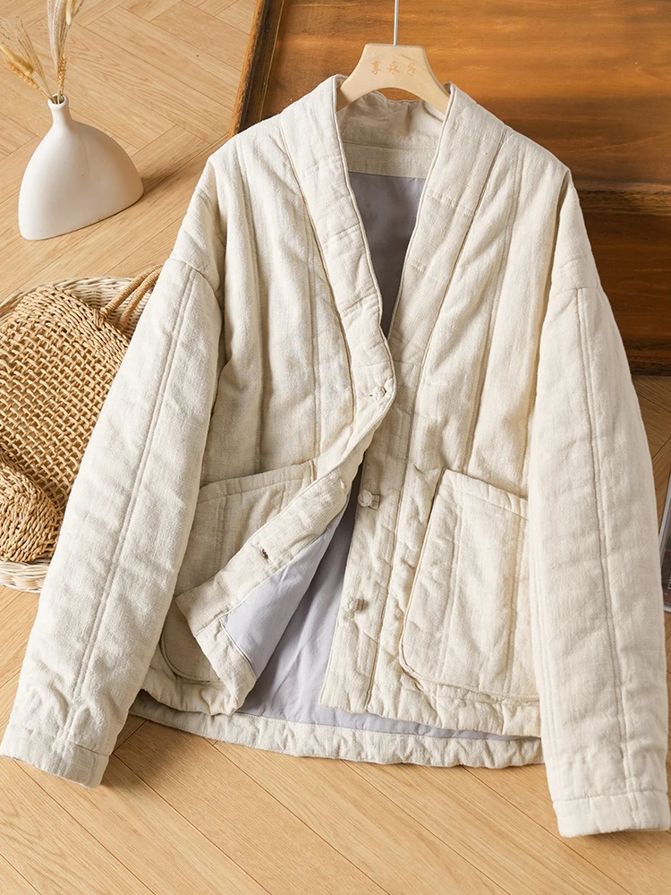 

High-End Women's Cotton Linen Zen Sle Thiened Warmth Jaet New Chinese Sle Cotton Coat Long Sve V-Ne Single Button