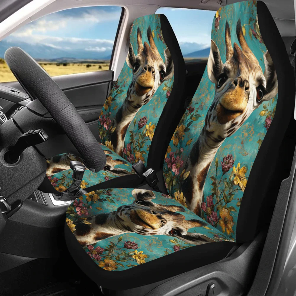 2pcsFloral Giraffe Portrait, Print Car Seat Covers For Everyone, Universal Auto Front Seats Protector Fits For Car, SUV Sedan, E