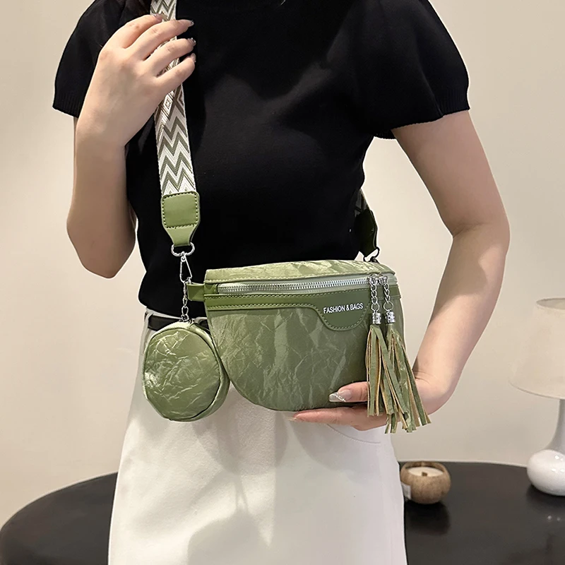 2 Set Casual Bag For Women Travel Crossbody Chest Bag Zipper Pouch Banana Waist Bag 2024 New Green Black Pu Leather Fanny Packs