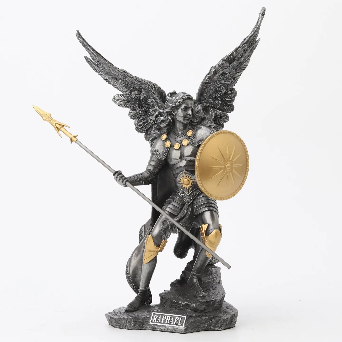 Archangel Raphael Statue Resin Antique Black Gold Winged Warrior Angel Figurine With Spear And Shield Sculpture Desktop Ornament