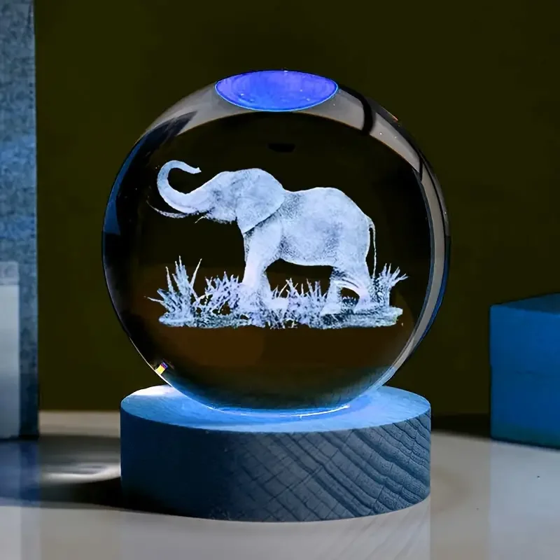 1pc Elephant 3D laser carved crystal ball with LED color lamp holder, living room bedroom home decoration decoration glass ball