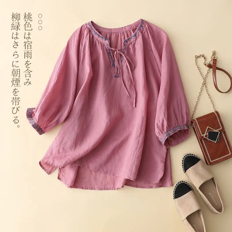 Women Summer Trend Fashion Embroidered Solid Color Lacing V-neck 3/4 Sleeve Shirts Ladies Casual All-match Cotton and Linen Tops