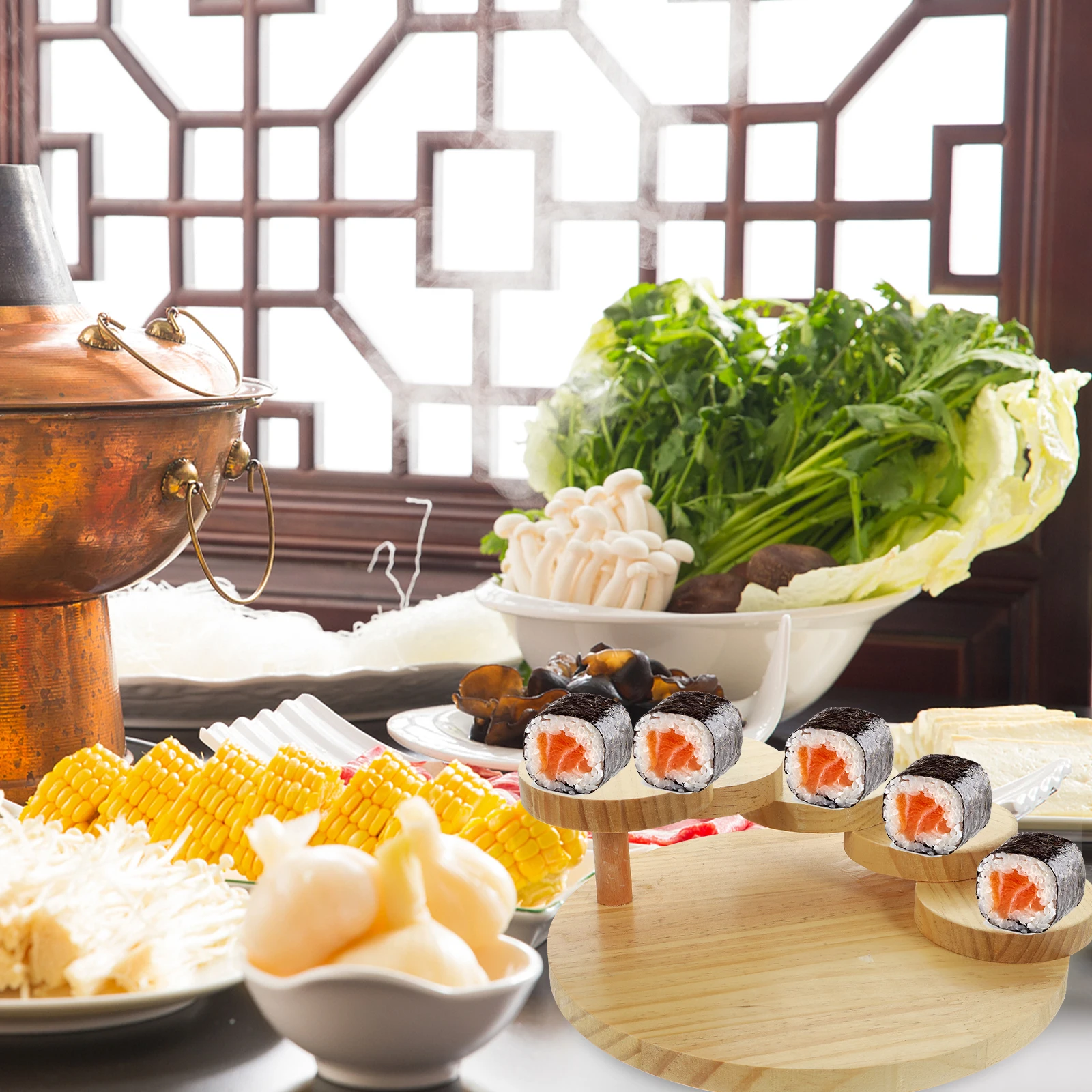 

Нежный деревянный поднос для сервировки суши, вращающиеся ступеньки, лестница для сашими, мясных ресторанов, практичный декоративный аксессуар для суши