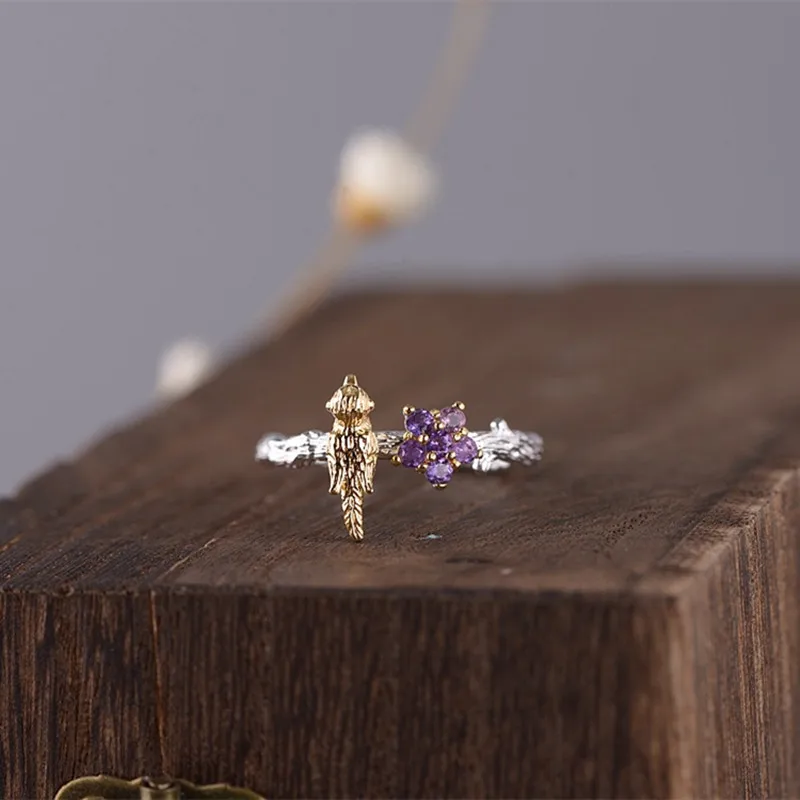 

Gold Plated 925 Sterling Silver Funny Birds Rings for Women Red Purple Zircons Flower Ring Ethnic Unusual Animals Jewelry Bird