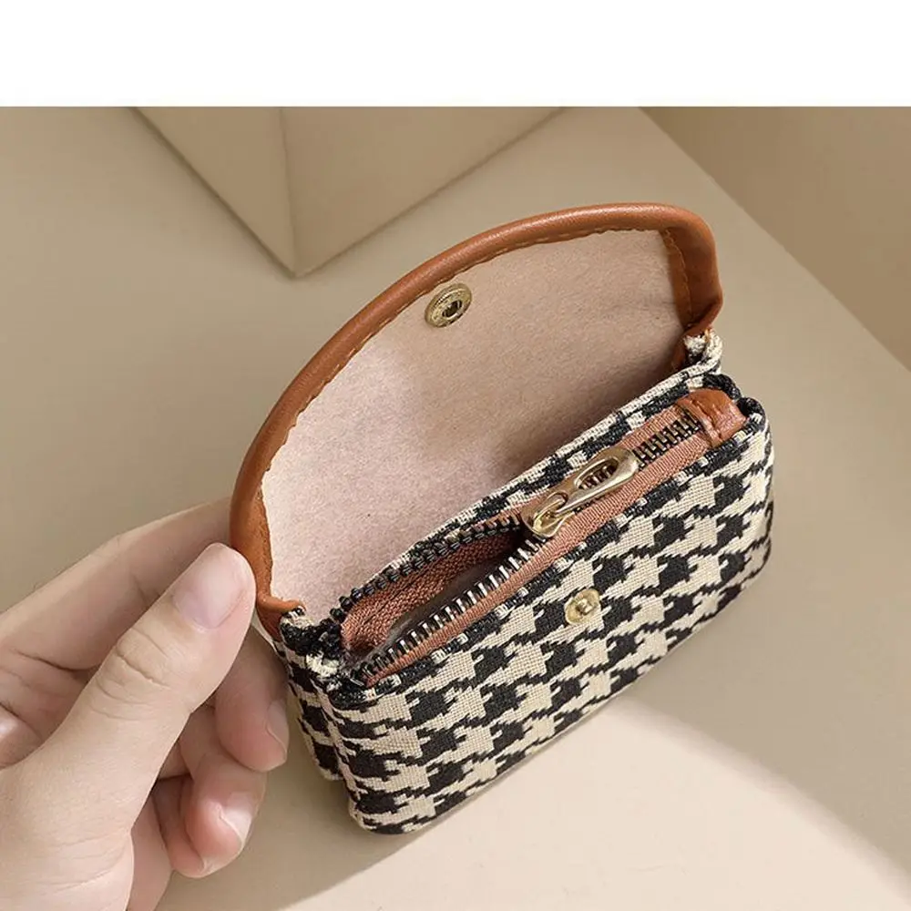 PU Leather Plaid Canvas Short Coin Purse Double Layer Stripe Square Makeup Bag Storage Bag Jewelry Packing Bag Mini Lipstick Bag