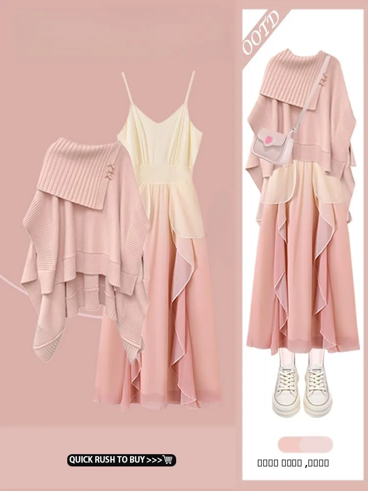 

Pure Knitted Sweater Caramel Color Camere Wrap Waist Chiffon Dyed ter Ne Super Fairy Holiday Dr Set with Lace Trim
