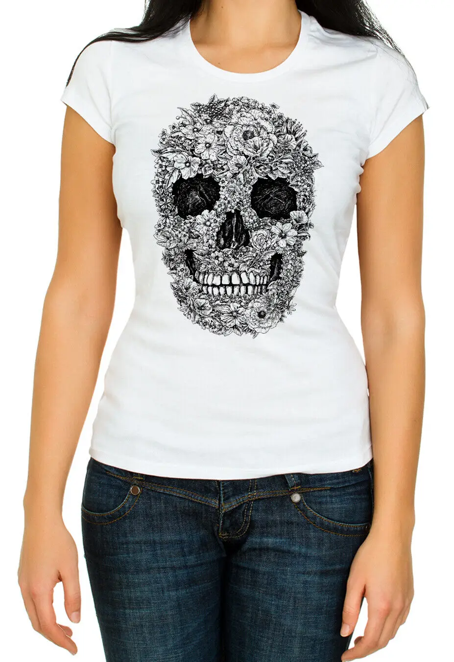 

Hand drawing black and white skull, Women's 3/4 Short Sleeve T-Shirt K1017