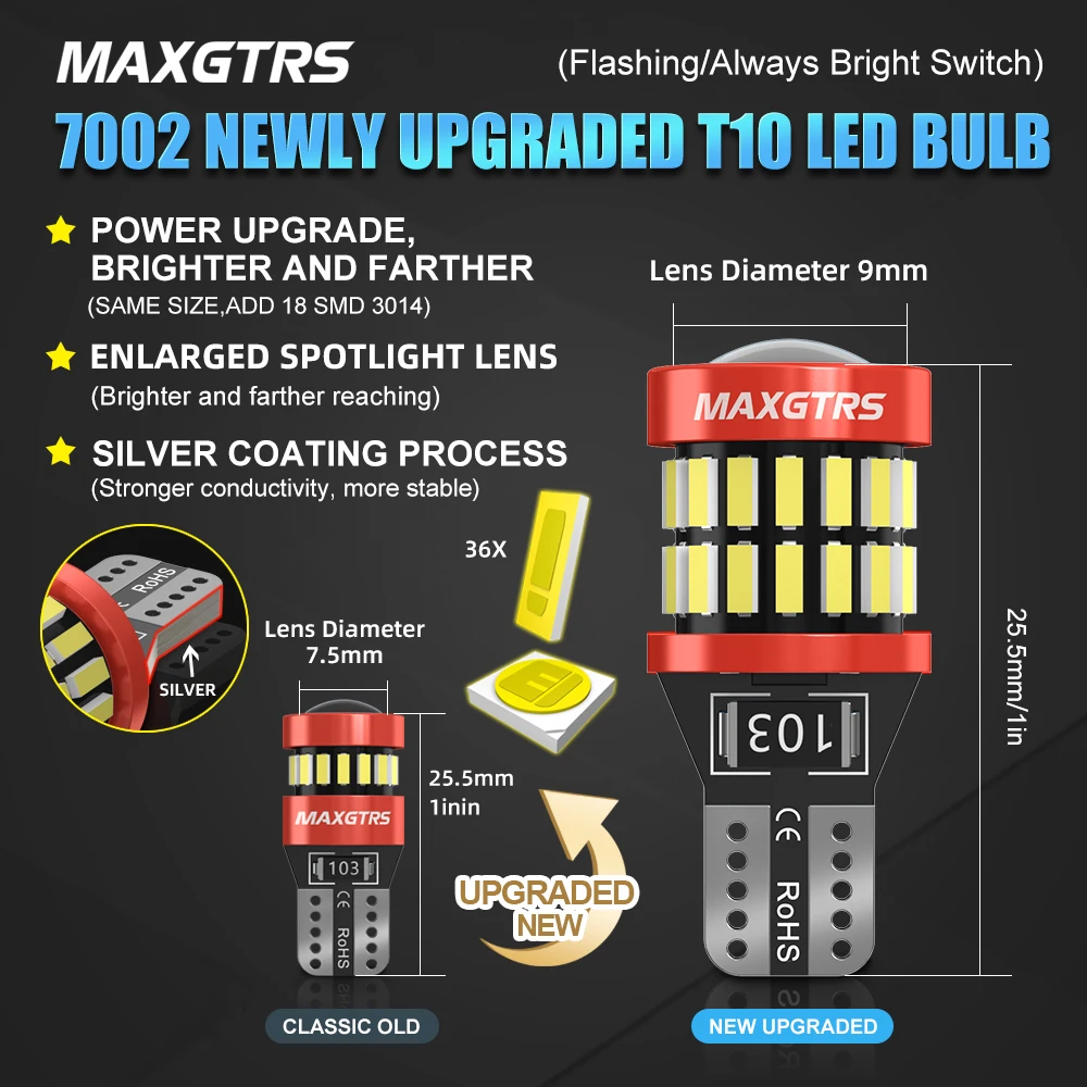 2x Flash T10 LED W5W Car Side Interior Lights 12V Super Bright Bulb 3030 Chips 194 168 Auto White 6000K Parking Marker Lamps