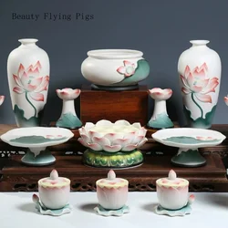 1PCS Ceramic Lotus Buddha Utensils Household Offerings Incense Burners Vases Cups Plates Feng Shui Ornaments