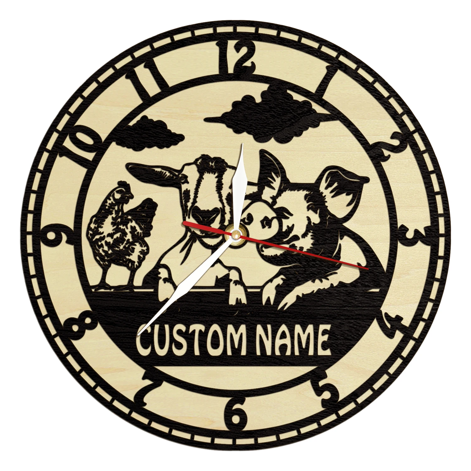 Personalized Farm Cow Pig Chicken Wood Frame Wall Clock Farmhouse Home Decor Wall Watch Custom Poultry Farmer Nature Wood Clock