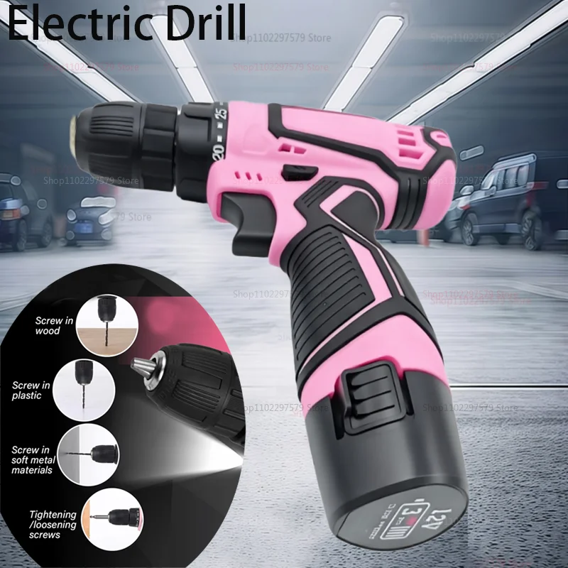 12V Electric Screwdriver 25+1 Torque Cordless Drill Mini Wireless Power Tools Lithium-Ion Battery Pink Drill