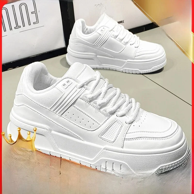 Men's Casual Breathable Leather Panel Low-Top Fashionable White Sneakers Youth Sports Shoes Comfortable Polyurethane Insoles