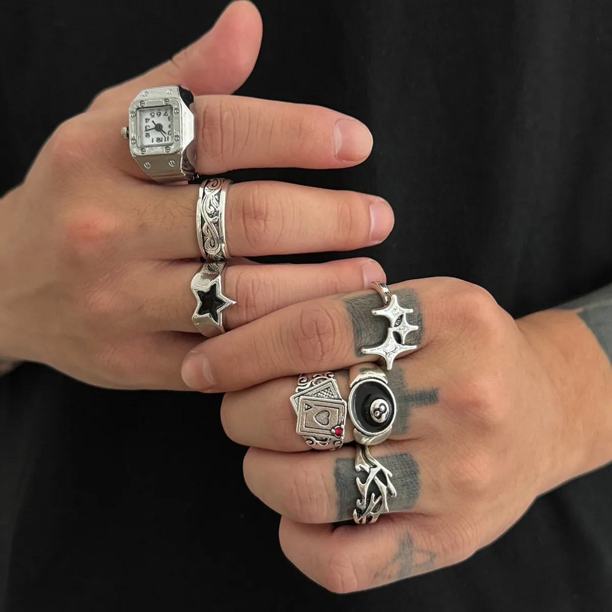KunJoe 7Pcs/Set Punk Style Poker Watch Rings for Men Hip Hop Irregular Geometry Stars Knuckle Ring Street Jewelry Accessories
