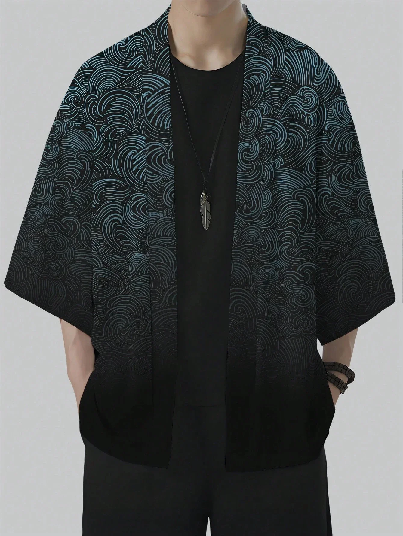 Men Open Front Haori Kimono Cardigan 3D Print Gradient Wave Line Art Pattern Polyester Loose Half Sleeve Outerwear