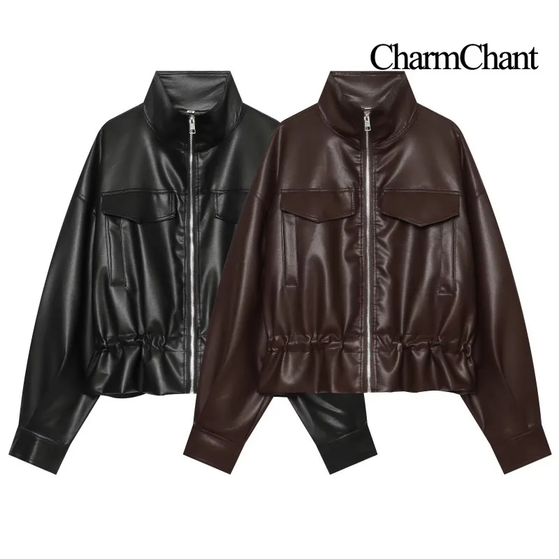 CHARMCHANT Women's Faux Leather Cropped Jacket High Stand Collar Drawstring Hem Zip Up Outerwear Coat Street Autumn Winter 2026