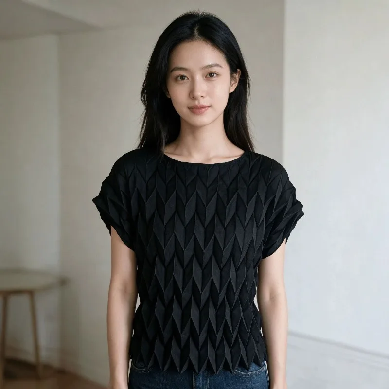 Miyake Pleated 2026 Pleated Short Sleeve Top for Women Summer Round Neck Batwing Sleeve Commuter Niche Loose Solid Color T-Shirt