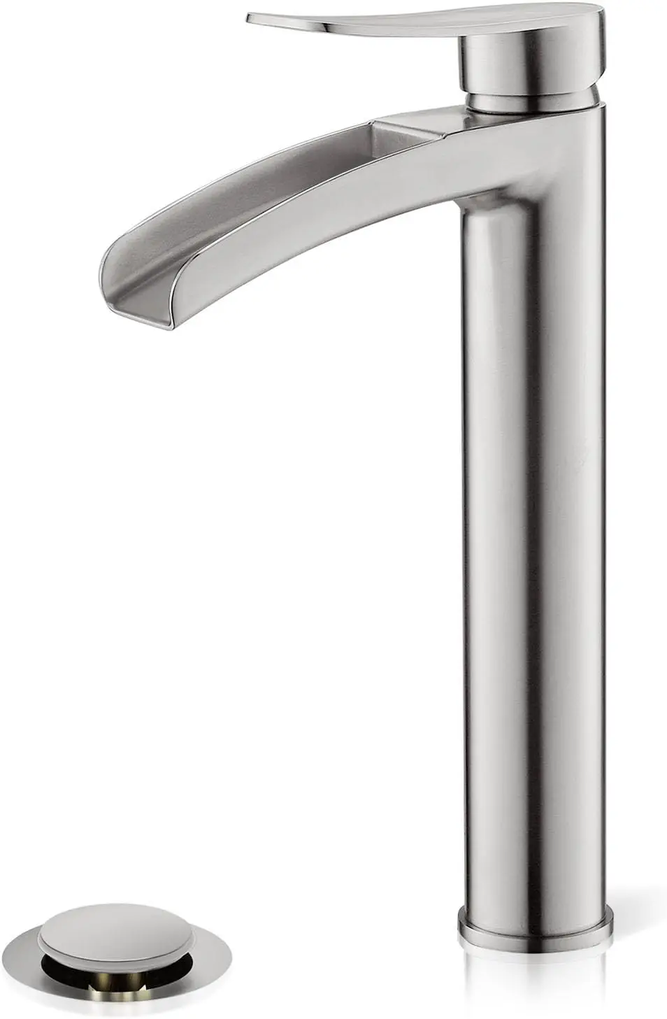 

Brushed Nickel Tall Bathroom Vessel Sink Faucet, Single Hole Single Handle Waterfall Modern Above Countertop Sink Bath