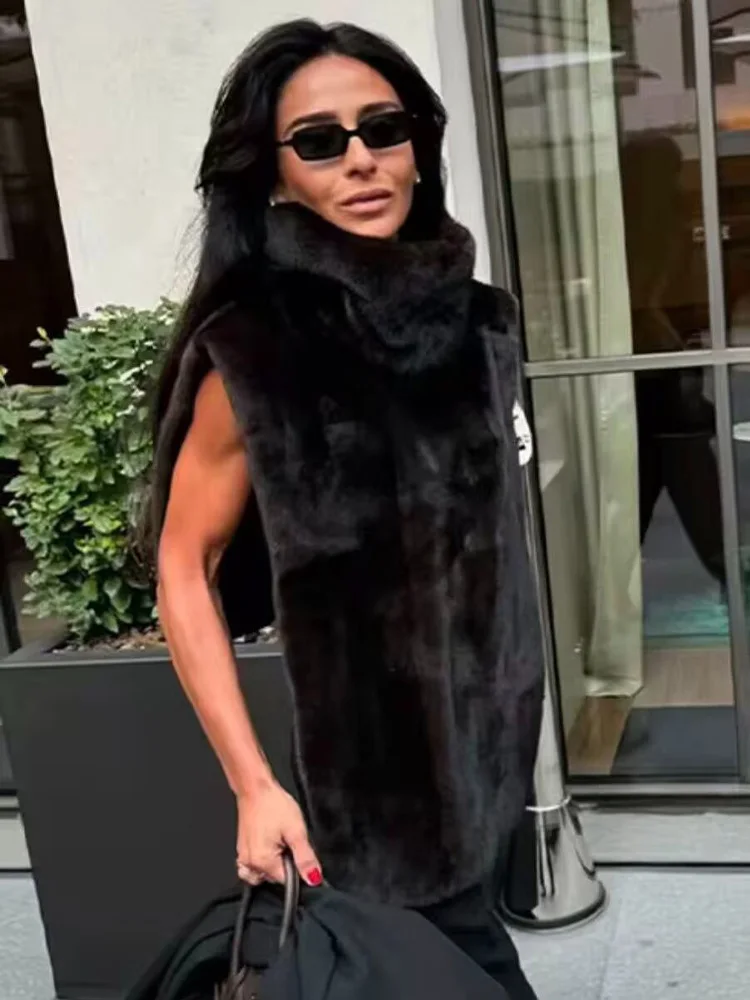 HH النساء شتاء دافئ عادية عالية الرقبة سترة دون أكمام الرجعية فو الفراء تأثير شال قصير المرأة موضة 3-Color الصلبة شال