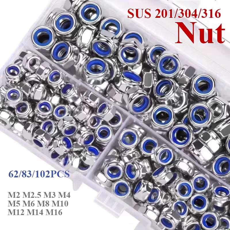 1Set SUS201/304/316 Stainless Self-Locking Hex Nut M2 M2.5 M3 M4 M5 M6 M8 M10 M12 M14 M16 Household Maintenance Nut Kit Fastener