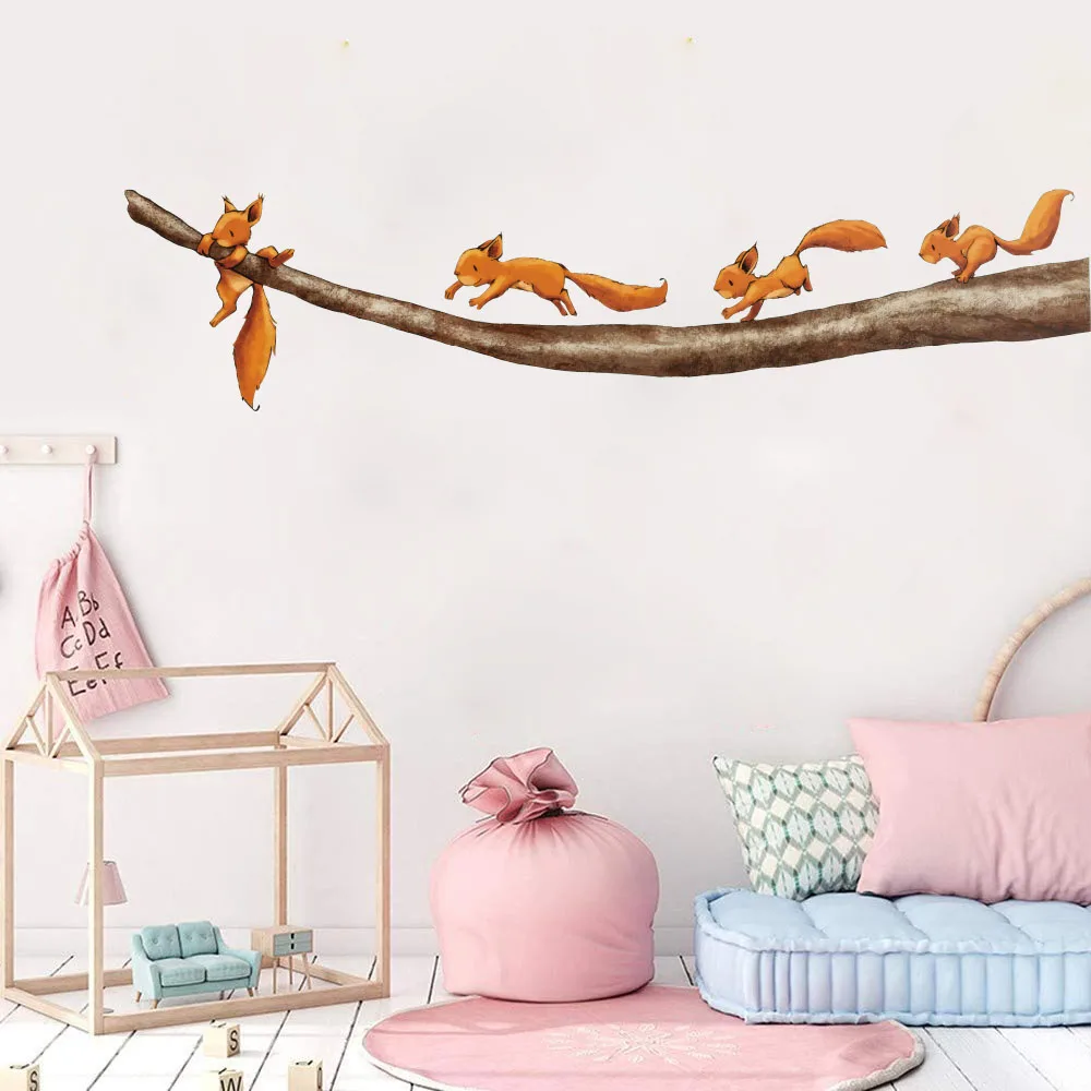 Cartoon Squirricorn Branch Tree Wall Sticker Kids Baby Nursery Wildlife Woodland Animal Wall Decal Playroom Home Decor