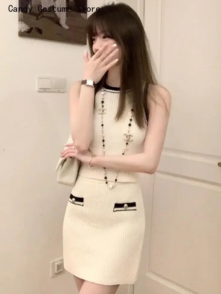 Knitted Two Piece Set  New Spring Summer Korean Chic For Women Sweater Top   Mini Skirt Sets Fashion Casual Two Piece Suits