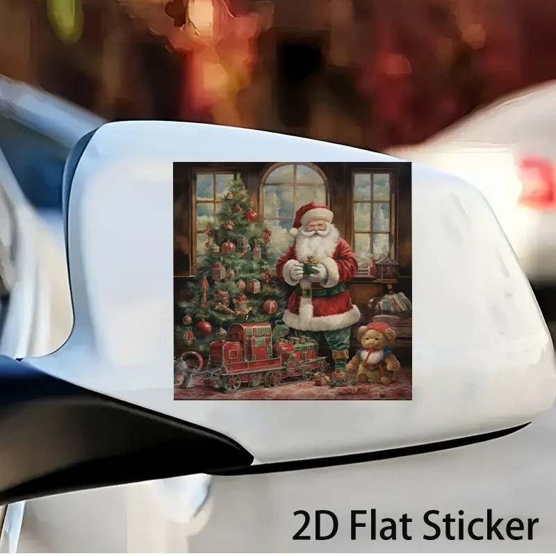 1pc 2D Flat Santa & Christmas Tree Vinyl Sticker, Scratch-Resistant Clear Decal for Car Motorcycle Trailer ATV Wall Fridge