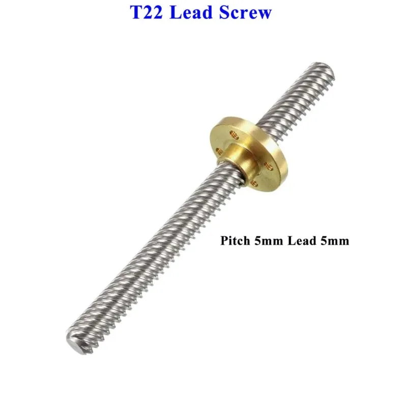 T22 Lead Screw 22mm Diameter T22x5 Tr22x5 Thread Screw Pitch 5mm Lead 5mm Trapezoidal Rod with Single Brass nut for 3D Printer
