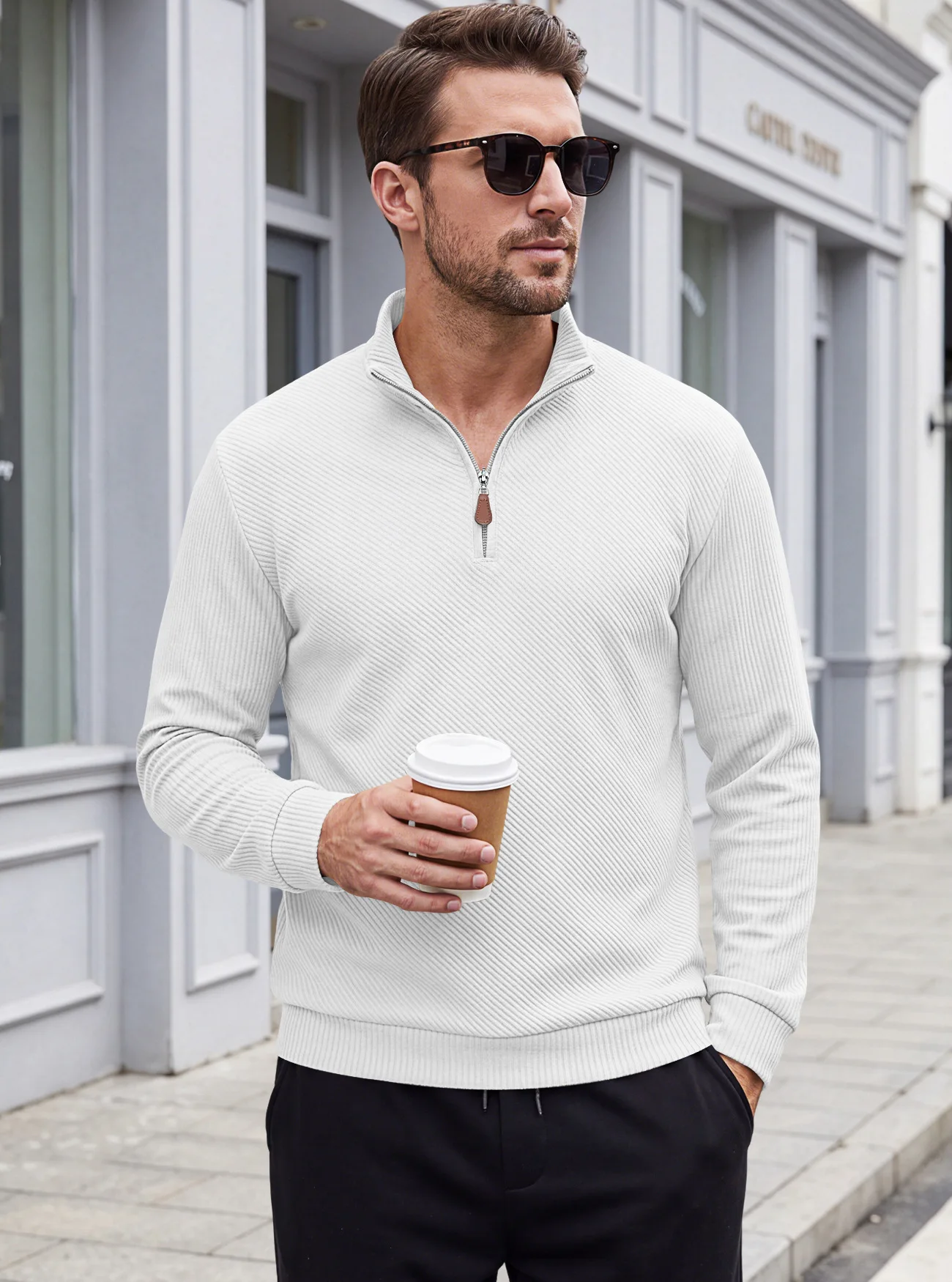 Men's Casual Zip-Up Stand Collar Sweatshirt Autumn Winter Loose Fit Outdoor Hiking Jogging Pullover Top with Textured Finish