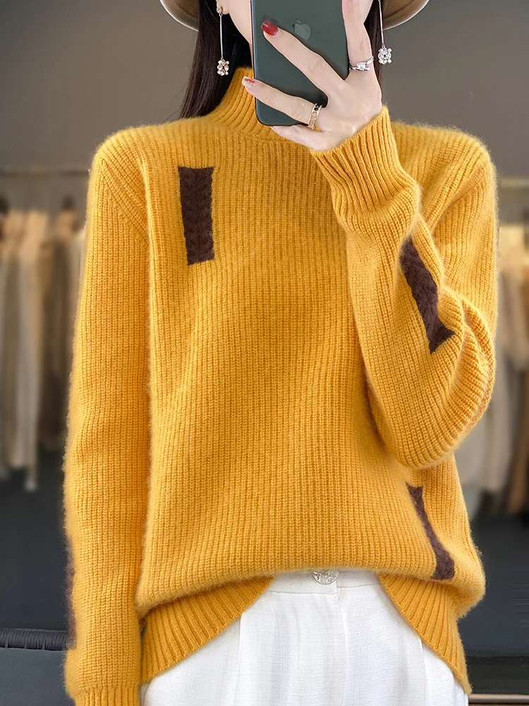 Women Cashmere Sweater 100% Merino Wool Pullover Mock Neck Jumper Soft Warm Knitwear Autumn Winter High Quality Tops Clothing