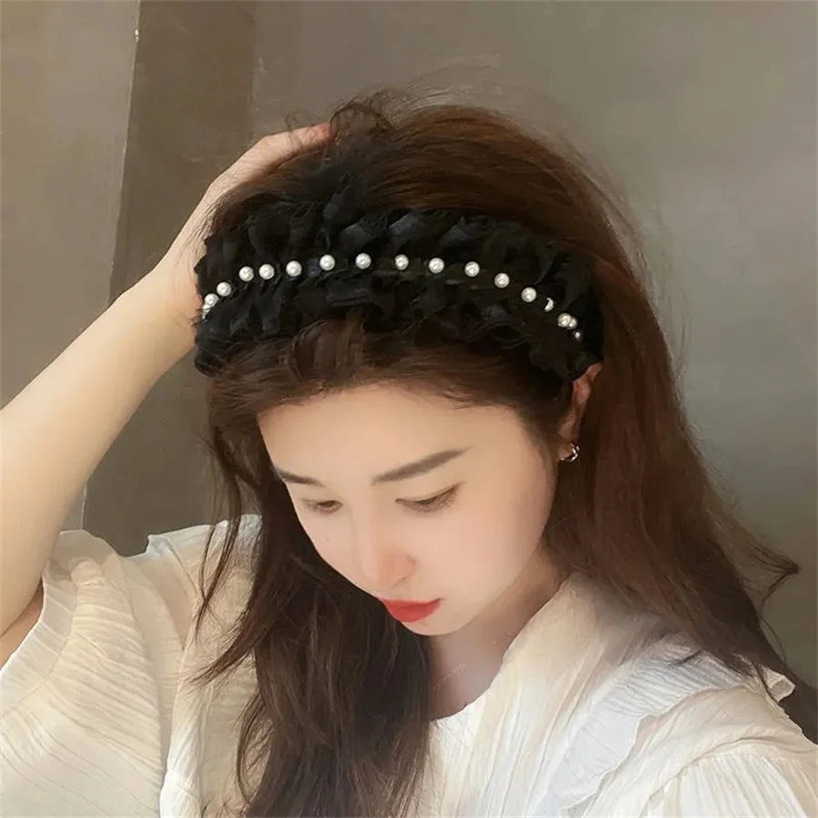 Fashion Princess Ruffles Pearl Hairbands Elastic Flower Women Hair Hoop Bands Headband Bezel Girls Hair Accessories Headdress