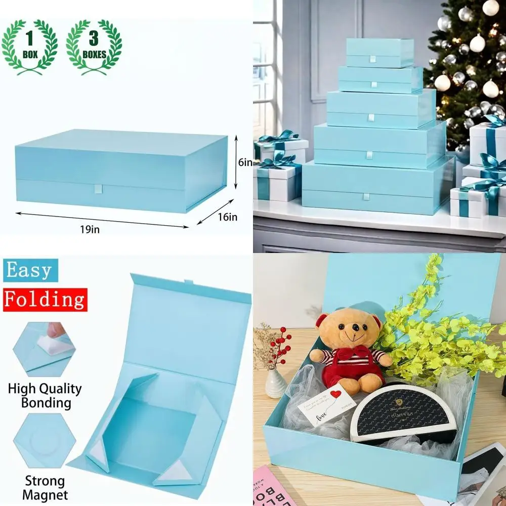 

Triple Set of XL Blue Gift Boxes, 19x16x6, Magnetic Lid, Ideal for Special Occasions and Large Presents