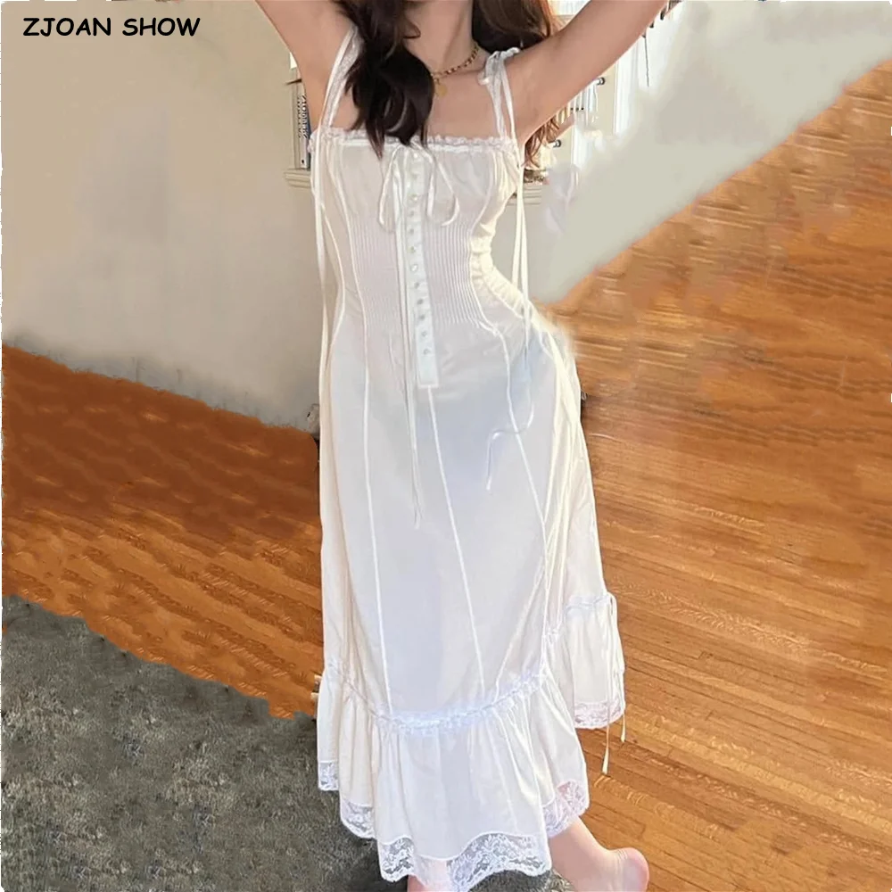 

2025 Белый кружевной корсет с разрезным воротником и рюшами с низкой талией, длинное платье миди на бретельках, женские свободные платья с лентой, летний халат