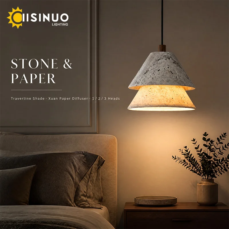 Modern Xuan Paper Stone Pendant Light 1/2/3 Heads Adjustable Height Suspension LED Hanging Lamp for Dining Room Bar Kitchen Isla