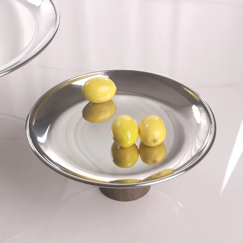 Imitation Wood Grain Metal Tray, High Foot Fruit Tray, Living Room Coffee Table Pastry Tray, Snacks, Trinket Dish Storage Dishes