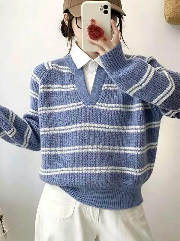 Women's Loose Long Sleeve Knitted Sweater Stripe Lazy Style Fashionable Autumn Winter Casual Wear Single Piece Ensemble