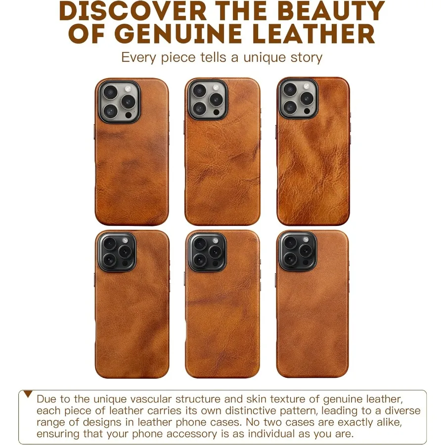 Кожаный чехол премиум-класса с масляным воском и верхним зерном для iPhone 16 Pro 6,3 дюйма, совместимый с MagSafe, прочными металлическими кнопками и Precisio